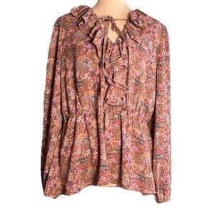 EVERLEIGH Blouse Peasant Top Brown Floral Ruffle Women’s M Boho Romantic Cottage